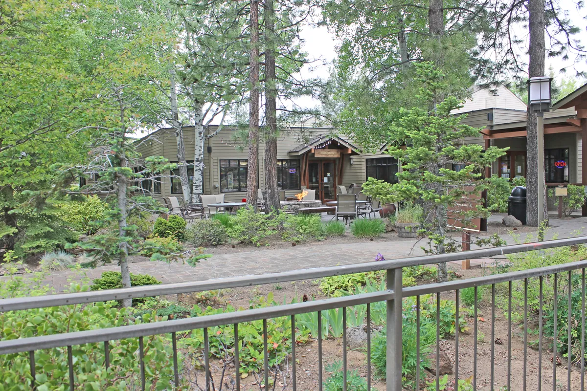 The main entrance of the resort building with an inviting outdoor seating area, surrounded by lush greenery. The calm, welcoming mood is perfect for relaxing outdoors, sharing a sunset, or enjoying a morning coffee. The scene emphasizes communal spaces and opportunities for gathering or quiet reflection, set against the backdrop of nature.